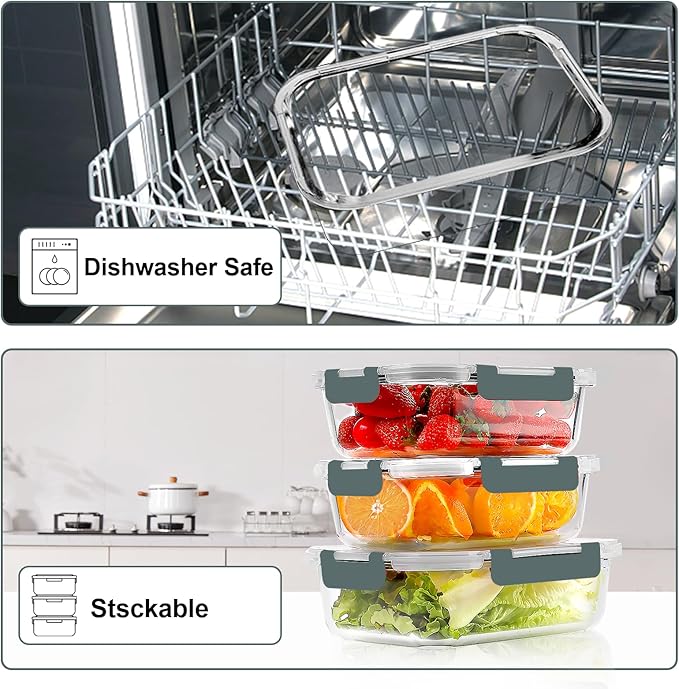 VERONES 10 Pack Glass Meal Prep Containers, Airtight Glass Lunch Containers, Stackable Glass Food Storage Containers Set with Lids,Exclusive of BPA,for Microwave, Oven, Freezer & Dishwasher,Grey