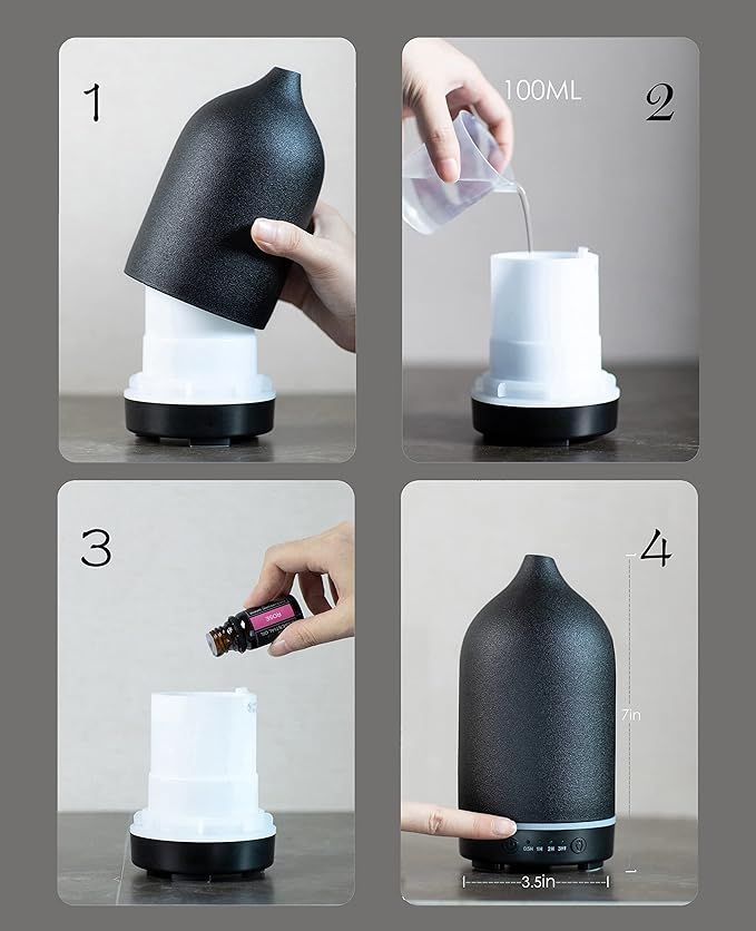 Essential Oil Diffuser,Handcrafted Ceramic Diffuser for Home,Ultrasonic Cool Mist Air Diffuser, 9 Colors Night Light with Timer (Black)