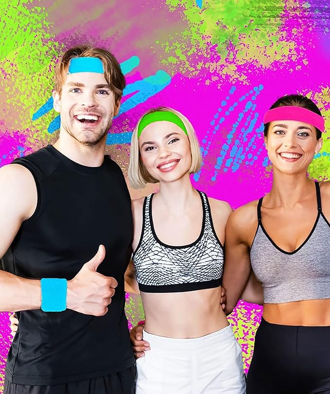 80s Sweatbands Neon Sweatbands Set Includes Pink, Blue, Yellow and Green Headband and Wristbands, Sweat Bands Headbands for Women with Matching Wristbands, Sweat bands for Women for Halloween Costumes