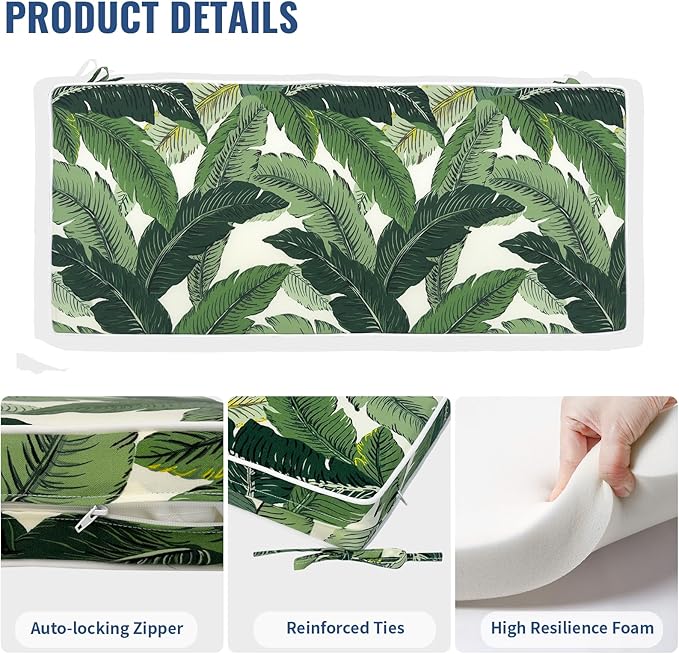 Outdoor Bench Cushion, Patio Furniture Cushion 42 x 18 x 3 Inch, Water Resistant Garden Sofa Swing Pad Settee Loveseat Couch Replacement Cushion, 1 Pack, Swaying Palms Green