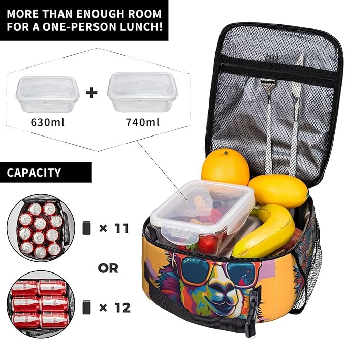 Colorful Llama Lunch Box for Women Girls Kids, Insulated Cooler Cool Sunglasses Llama Lunch Bag for School, Picnic, Office, Work, Travel, Portable Polyester Thermal Reusable Tote Lunch Bags