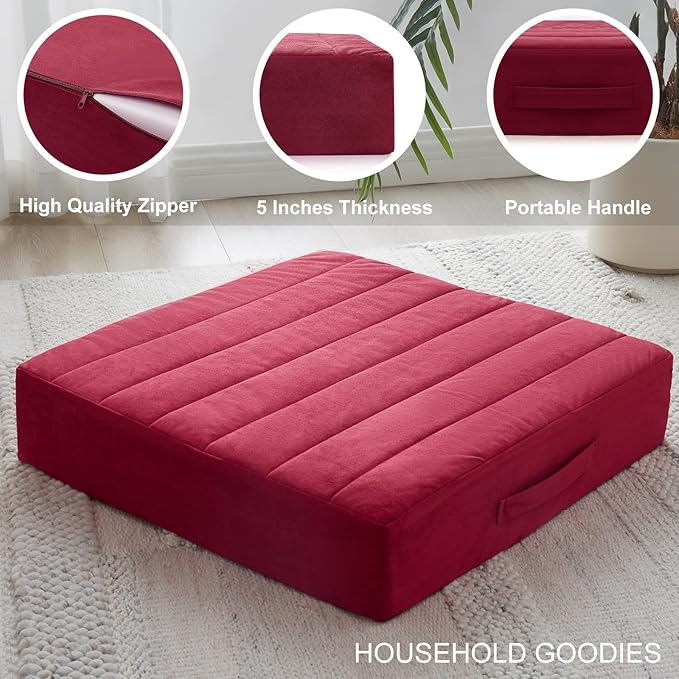 2 Pcs High Density Foam Floor Pillow - Upgraded Large Pillows Seating for Adults - Outdoor Floor Cushion with Soft Tufted Cover - Yoga Pillows for Sitting On Floor - 22 Inch Burgundy