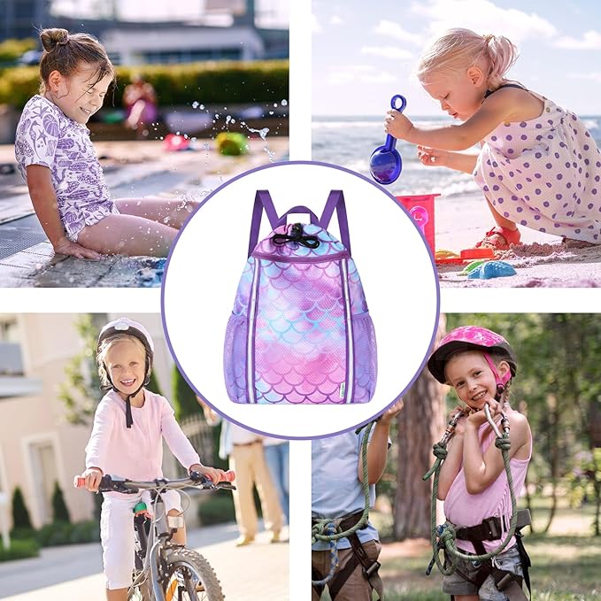 WAWSAM Kids Gym Drawstring Backpack String Bag, Mermaid Sports Gym Bag for Kids Girls Waterproof Swimming Beach String Cinch Backpack with Two Water Bottle Pocket