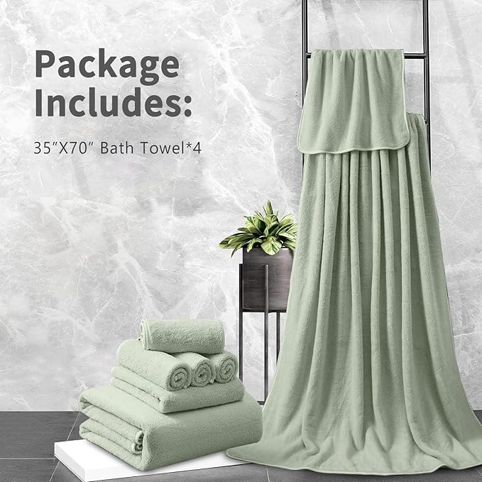 Extra Large Bath Sheet 4 Piece (35"x70")-Ultra Soft Oversized Bath Towel,Bath Sheet Set for Bathroom Hotel,Plush Highly Absorbent Quick Dry Shower Towel for Adults,Bathroom Towel Set Green