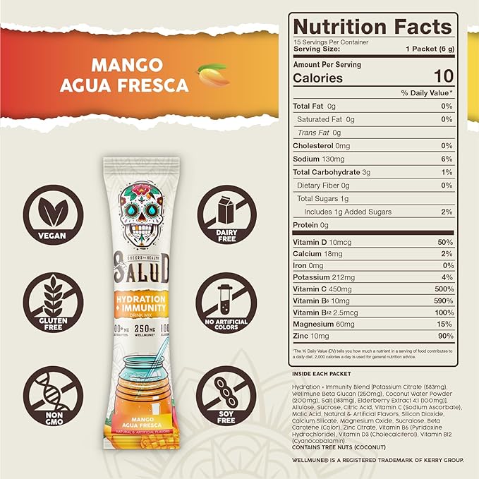 Salud 2-in-1 Hydration Packets + Immunity Electrolytes Powder, Mango - Agua Fresca Drink Mix, Elderberry, Dairy & Soy Free, Non-GMO, Gluten Free, Vegan, Low Calorie, 1g Sugar (15 Servings)