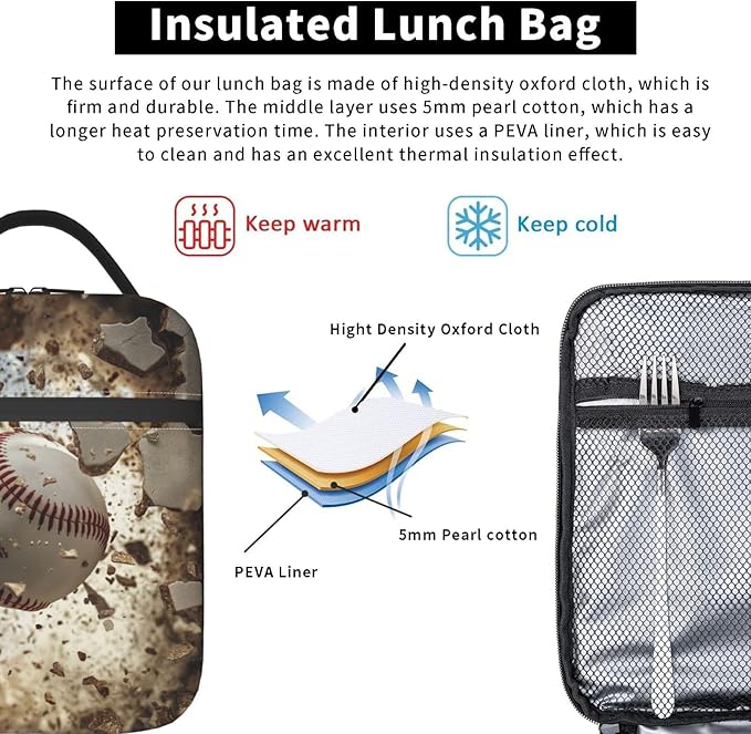 Lunch Box for Women Men, Baseball Theme Insulated Lunch Box Reusable Portable Lunch Bag Cooler Tote Waterproof Lunch Container for Office Picnic Work Travel Hiking