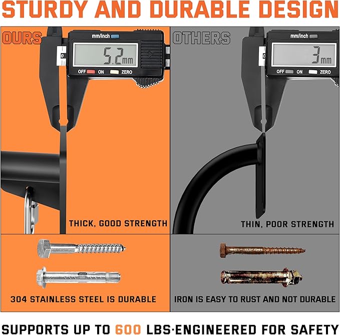 36" Heavy Duty Pull Up Bar Wall/Joist Mounted, 600 LB Capacity, Multi-Grip Bar for Garage & basement rafter Use - All-in-One Workout Station with Carabiners & Space-Saving Design