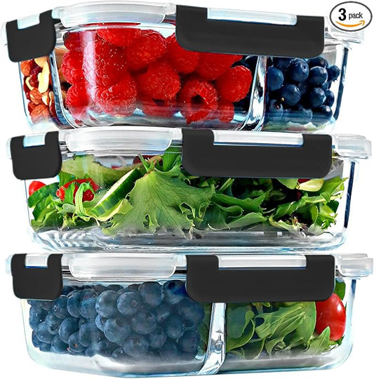 FIT Strong & Healthy Meal Prep Containers, 1 & 2 & 3 Compartments – Glass Bento Box Adult Lunch Box, Glass Containers Meal Prep with Lids, Container with Compartments, 35 oz, Black, 3 Pack