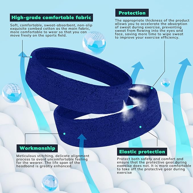 Sweatbands Sports Headband for Men & Women - Terry Cloth Moisture-Wicking Sports Towel Headband for Tennis, Basketball, Running, Gym, and Fitness Working Out