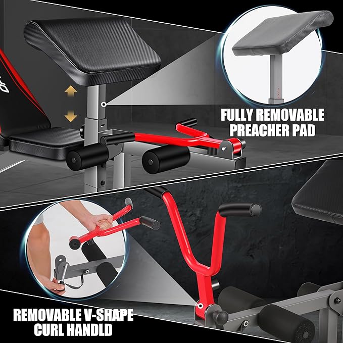 OPPSDECOR Adjustable Weight Bench Set with Leg Extension & Leg Curl, 900LBS Incline/Decline/Flat Preacher Curl Bench, Space-Saving Workout Bench for Home Gym