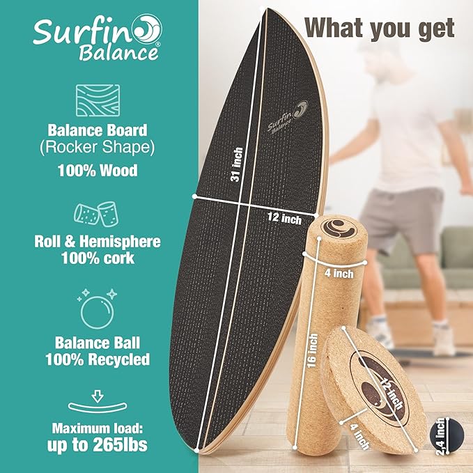 Wooden Balance Board - unique [incl. corc roller, corc hemisphere and balance ball] Balance Board Kids - Balance Boards for Adults - Indo Board Mobo Board Gibbon Board Giboard Slackboard Balancing