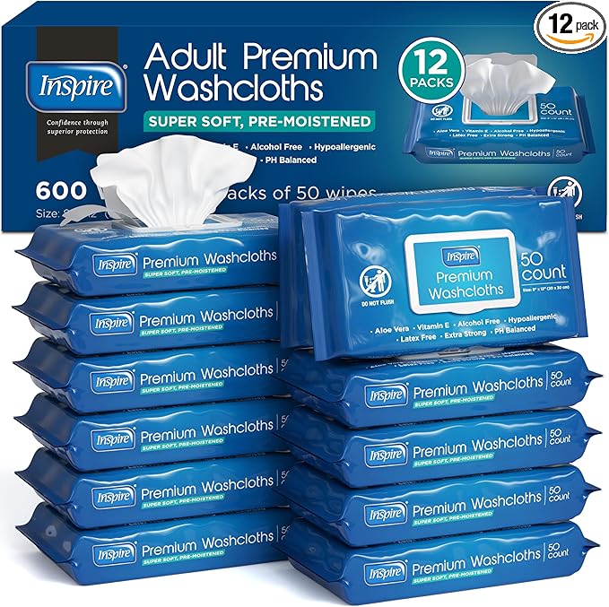 Inspire Adult Wet Wipes, Wash Cloths | Adult Wipes for Incontinence & Cleansing for Elderly, 8"x12" Count 12 packs of 50