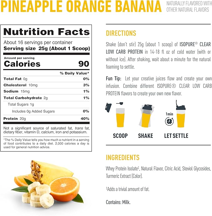 Isopure Clear Whey Isolate Protein Powder, No Gluten or Lactose, Naturally Flavored, Pineapple Orange Banana, 20g Protein Per Serving, 14.1 Oz, 16 Servings (Packaging May Vary)