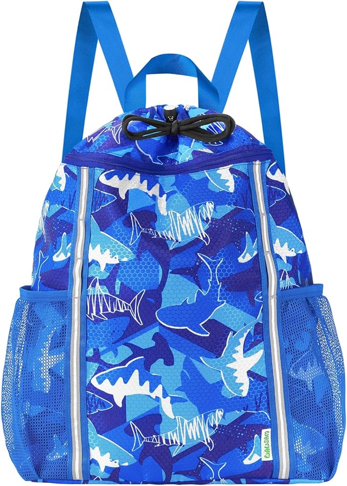WAWSAM Kids Gym Drawstring Backpack String Bag, Shark Sports Gym Bag for Kids Boys Waterproof Swimming Beach String Cinch Backpack with Two Water Bottle Pocket