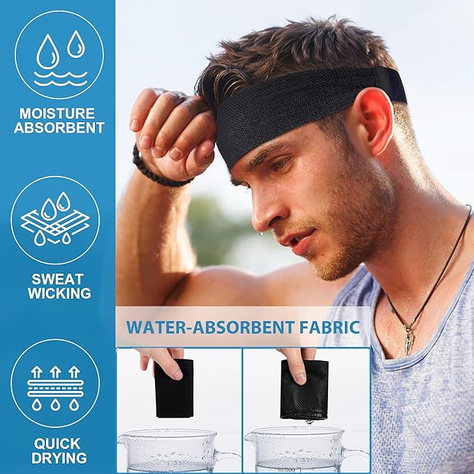 Sukeen Cooling Sports Headbands for Men: Instant Cooling Moisture Wicking Sweatbands Non-Slip, Quick-Dry Elastic Fabric Mens Headband for Gym Running Tennis Training Workout