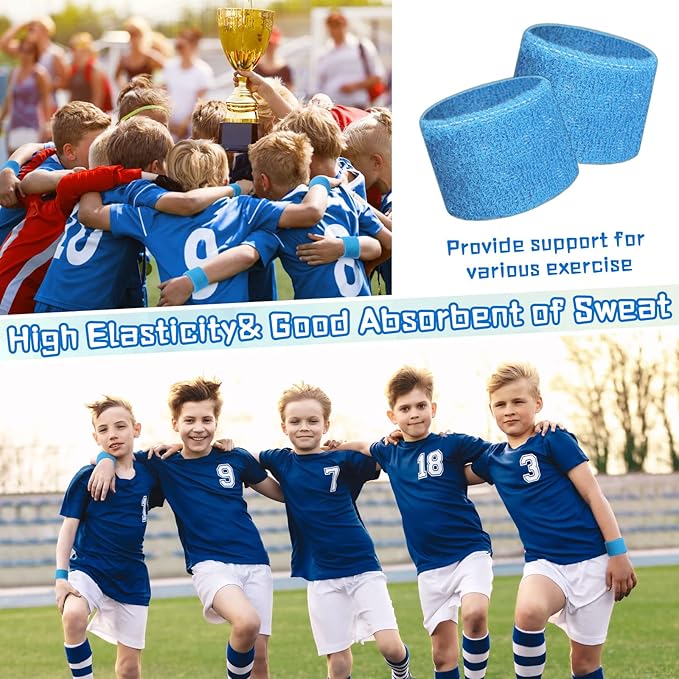 Leyndo 72 Pcs Wrist Sweatbands Bulk for Kids Field Day Cotton Terry Sweat Bands Sports Fan Wristbands Kids for Summer Camp Student Football Team Competition Party