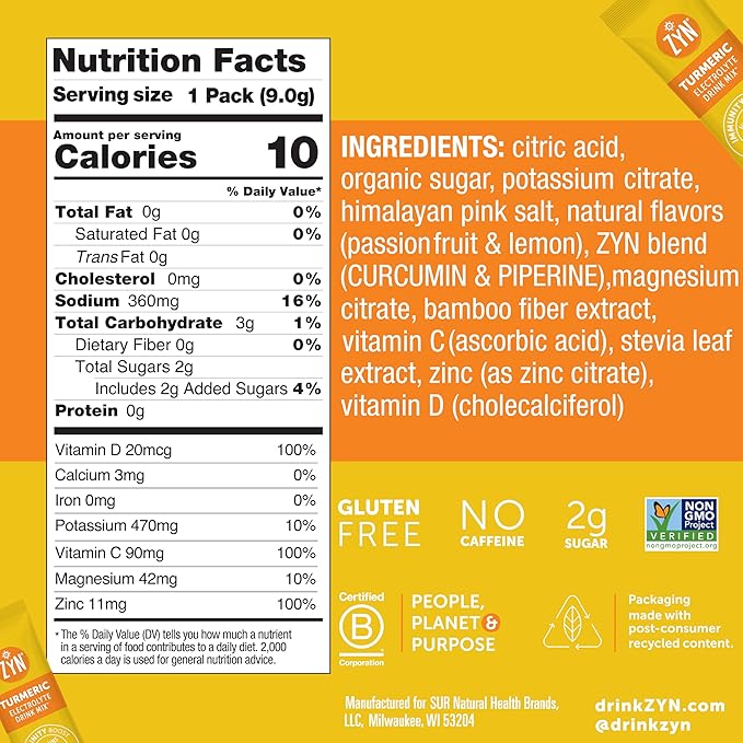 ZYN Electrolytes Powder Hydration Packets with Vitamins, Zinc & Turmeric Curcumin for Gut Health, Immune Support, Low Sugar Electrolyte Drink Mix Packets with Piperine, Passion Fruit Lemonade, 16 Pack