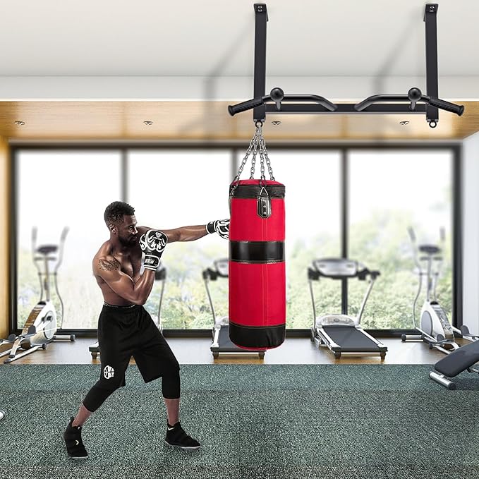 Kipika 32" Ceiling Mounted Pull Up Bar - Heavy Duty, Highly Adjustable, Multifunctional Chin Up Bar - Home Gym System with Punching Bag Hanger and Resistance Bands Training