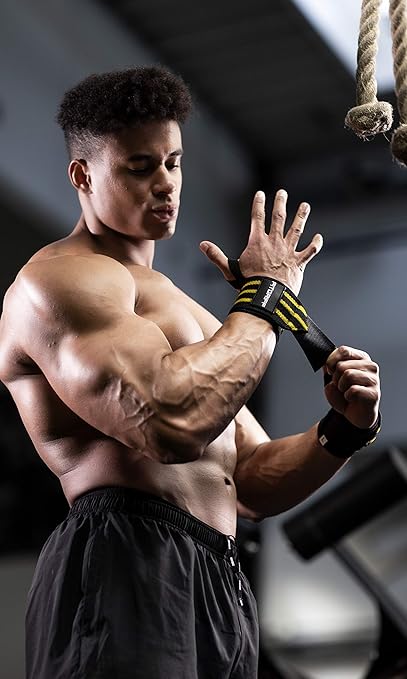 Fitgriff® Wrist Wraps for Weightlifting (18") Heavy-Duty Support for Gym, Bench Press, and Pushups (1 Pair) - for Men and Women (Black/Yellow)