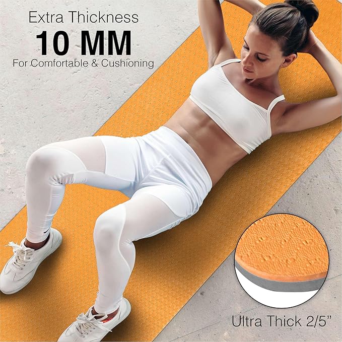Extra Thick Exercise Yoga Mat with Strap - 2/5 Inch (10MM), Non-Slip Workout Mat for Yoga, Pilates, and Floor Exercises