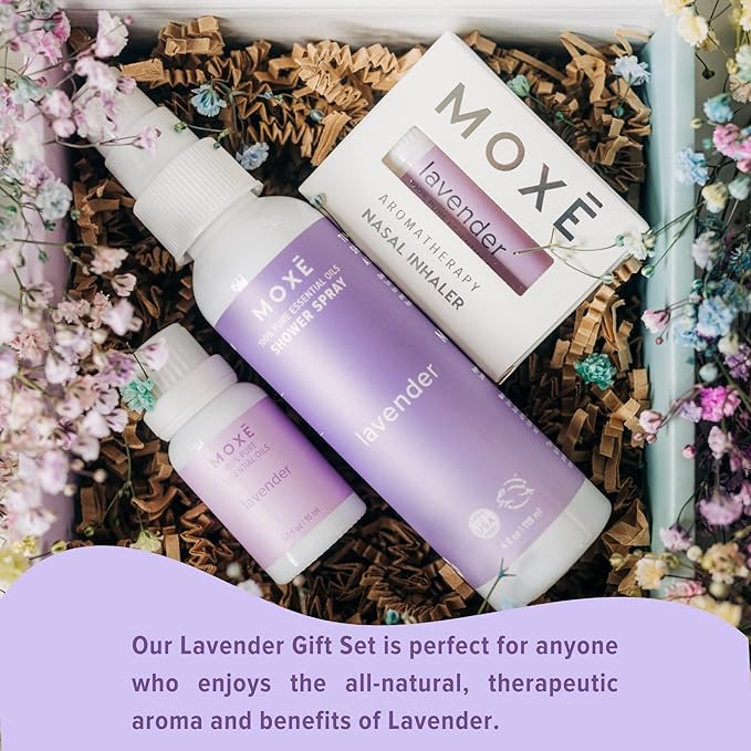 MOXE Lavender Aromatherapy Gift Set, 100% Pure Essential Oil, Shower Steamer Spray, Portable Nasal Inhalers, Diffuser Essential Oil, Sinus & Congestion Relief, Therapeutic Grade, Made in USA