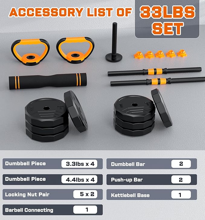 5-in-1 Adjustable Dumbbell Set, 33/44/66/88lbs Free Weights Set with Connector, Used as Kettlebells, Barbell, Push up Stand, Standard 1" Plates, Fitness Exercises for Home Gym Suitable Women/Men