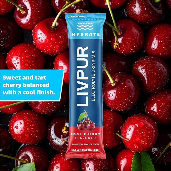 LivPur Electrolyte Drink Mix, Instant Hydration Powder with Vitamin C, B6, B12 & Essential Amino Acids for Muscle Support & Immune Health, Sports Essentials, Cool Cherry Flavor, 15 Stick Packs