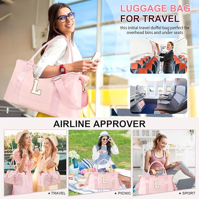 Dance Gym Duffel Bag for Teen Girls, Personalized Initial Travel Weekender Bag,Cute Overnight Carry On Duffle for Women,Sports Travel Cheer Bag,Monogram Christmas Gifts for Tween Preppy(pink-L)