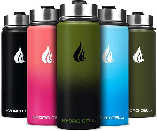 HYDRO CELL Stainless Steel Insulated Water Bottle with Straw - For Cold & Hot Drinks - Metal Vacuum Flask with Screw Cap and Modern Leakproof Sport Thermos for Adults (Army/Black 18oz)