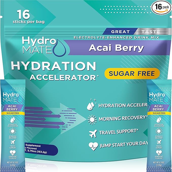 Electrolyte Powder Sugar-Free Hydration Packets Acai Berry HydroMATE 16 Sticks