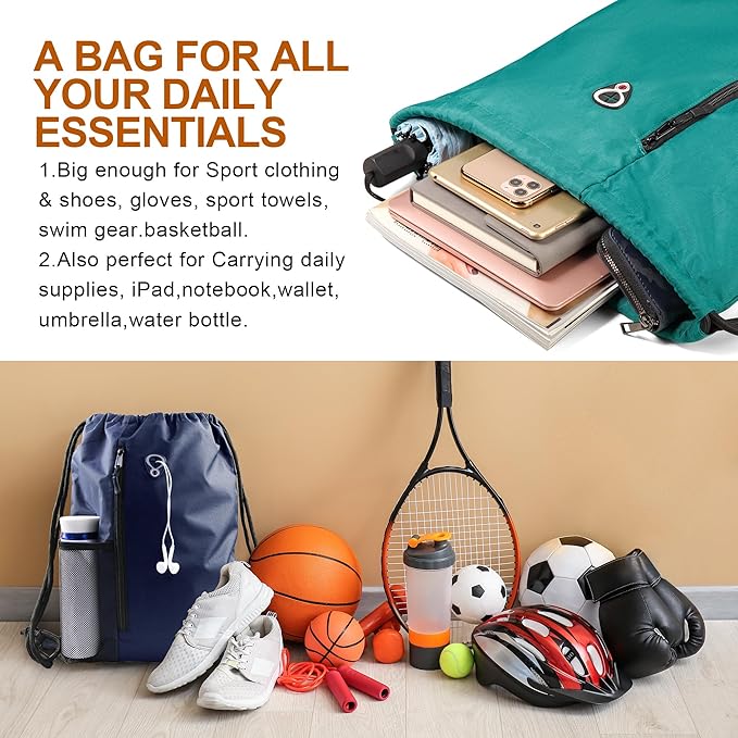 BeeGreen Marrs Green Drawstring Backpack Gym Bag For Men & Women – Sports Sackpack with Mesh Water Bottle Holder & 2 Zippered Pockets – Large 16x20 Inch Cinch String Backpack