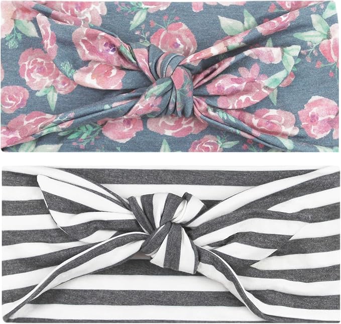 Maven Thread Women's Wide Bow Headbands – 2-Pack No-Slip, Sweat-Wicking Stretchy Hairbands for Yoga, Running, Exercise & Gym (Navy Floral & Stripes)