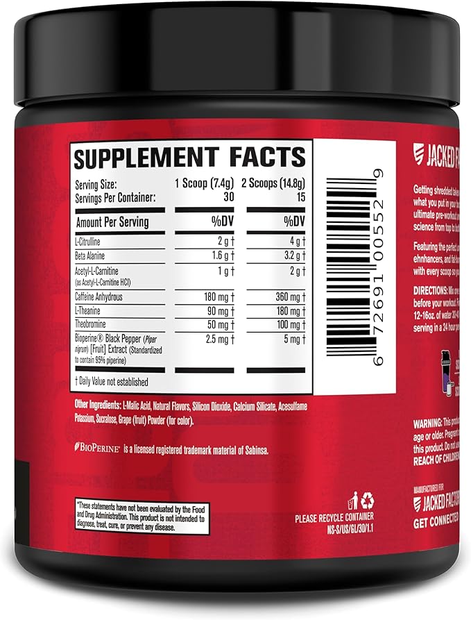 Jacked Factory NITROSURGE Shred Pre Workout Supplement - Energy Booster, Instant Strength Gains, Sharp Focus, Powerful Pumps - Nitric Oxide Booster - 30Sv, Grape Limeade