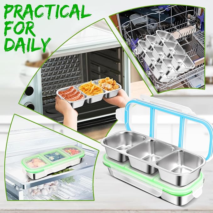 2 Pack Stainless Steel Snack Containers with Lids - Reusable 3 Compartment Snackle Box Container Divide Wet Dry Leakproof Metal Food Storage Containers for School, Home, Travel (Blue + Green)