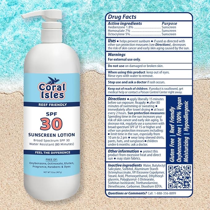 Coral Isles by Rocky Mountain Sunscreen | SPF 30 Lotion | Broad Spectrum UVA/UVB Protection | Hawaii Reef-Safe Act Compliant | Oxybenzone & Octinoxate Free | Water Resistant 80 Min. | 32 Fl Oz