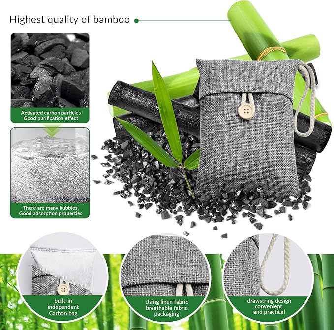 4 Pack charcoal odor absorber,Bamboo Charcoals Air Purifying Bag Charcoals Deodorizer Eliminator for Strong Odors in Car, Closet, Shoe, Basement (250G*4 Pack Gray-2, Unscented)