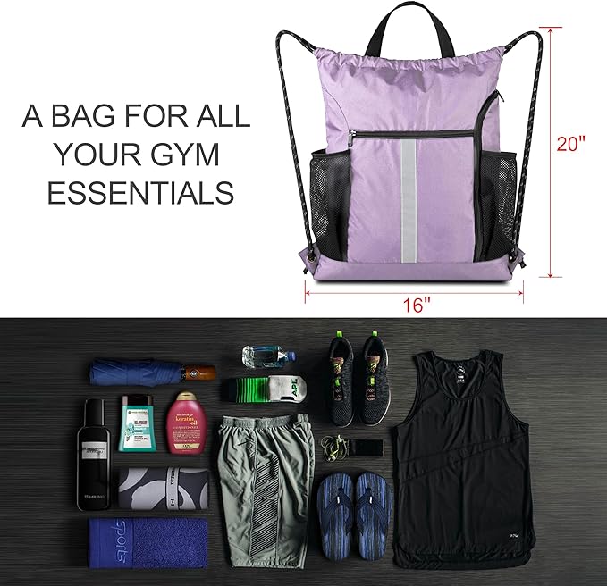 BeeGreen Lilac Drawstring Backpack Bag Gym Sports Backpack with Shoe Compartment and Two Water Bottle Holder for Women Men Large String Athletic Sackpack Workbag