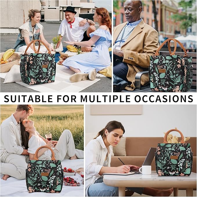 Joymee Lunch Bag - Large Capacity, Insulated, Reusable, Durable, Adjustable Shoulder Strap, Green Leaf