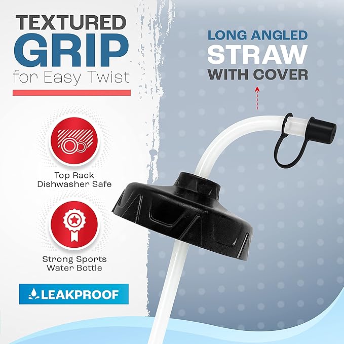 50 Strong 1 Liter Water Bottle with Straw – 2-Pack Easy-Squeeze Sports Bottles with Long Straw & Built-In Finger Grip – BPA-Free – Made in USA – Ideal for Hockey, Football, Lacrosse & Boxing