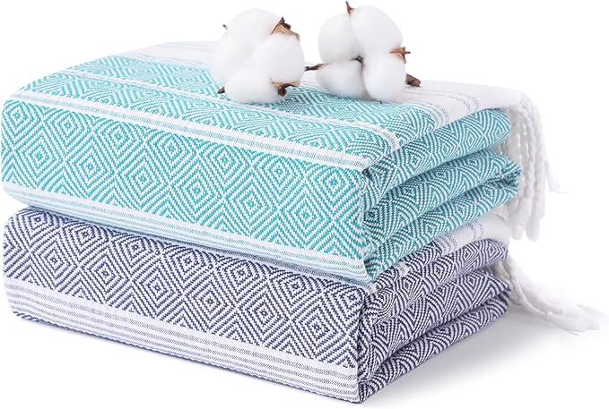 2 Packs Cotton Turkish Beach Towels Quick Dry Sand Free Soft Absorbent Extra Large Xl Big Blanket Adult Oversized Bath Pool Swim Towel Set Bulk Multipack Lightweight Thin Sandless Fast Drying Compact