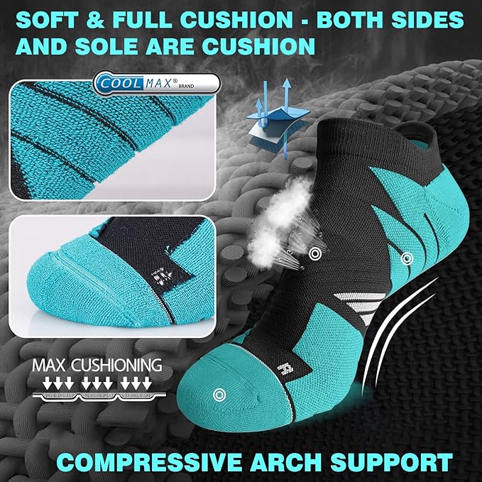 Hylaea No Show Running Athletic Anti-Blister Wicking Coolmax Socks, Seamless Anti-odor