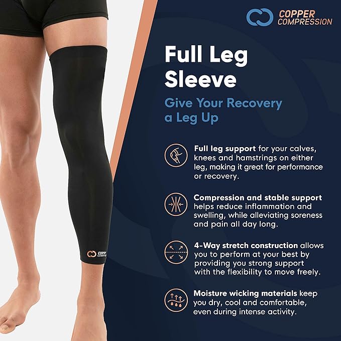 Copper Compression Leg Compression Sleeve - Copper Infused Knee Stabilizer Brace for Running, Meniscus Tear, ACL, MCL, Arthritis, Joint Pain Relief - Thigh & Calf Support for Men & Women
