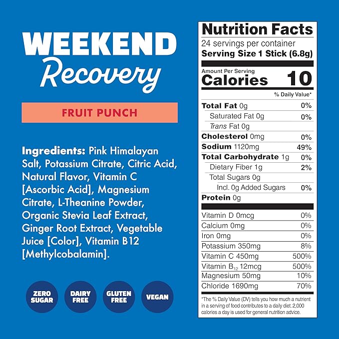 Waterboy Weekend Recovery | 3,200mg Electrolyte Powder Packets | Ginger + L-Theanine + Vitamins | No Sugar, All Natural, Gluten Free | 24 Drink Stick Mixes (Fruit Punch)