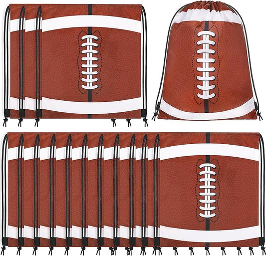 durony 15 Pieces Football Drawstring Gift Bags Bulk Candy Bag 15.8 x 13.4 Inch Football Goodie Backpack Sports Party Favor Supplies for Gym Travel Party Storage