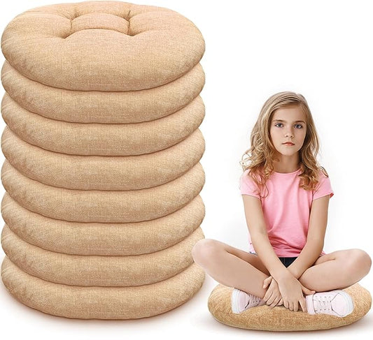 Fumete 8 Pcs 16 Inch Round Floor Cushions for Kids and Toddlers, Flexible Seating Classroom Furniture Floor Pillow for Home, Daycare, Preschool, Yoga and Meditation (Flax)