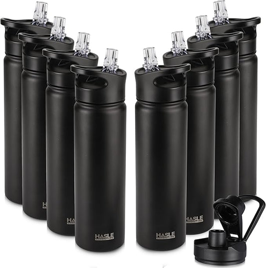 HASLE OUTFITTERS Insulated Water Bottle 22 oz Double Wall Stainless Steel Water Bottle Wide Mouth with Straw Lid & Spout Lid Keeps Cold or Hot(Black,8)