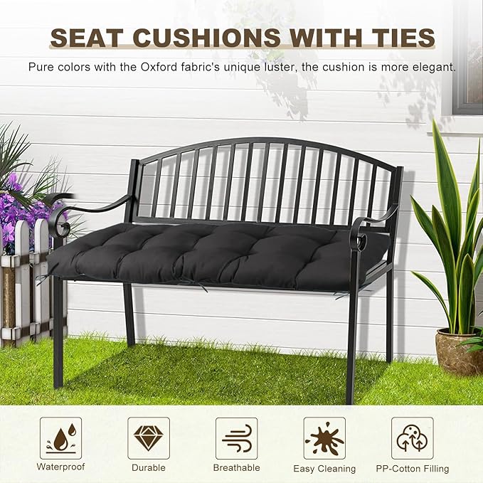 Outdoor Bench Cushion 40inches Waterproof & Fade Resistant Patio Furniture Cushions Tufted Fresh Porch Swing Lounger Loveseat Pads with Straps(Black-40x20in)