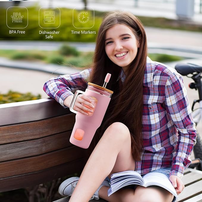 Glass Tumbler with Straw and Lid, 32 oz Glass Cup with Handle, Glass Water Bottles with Time Marker, 2 Straws - Pearl Straw & Drinking Straw Silicone Protective Sleeve-Pink