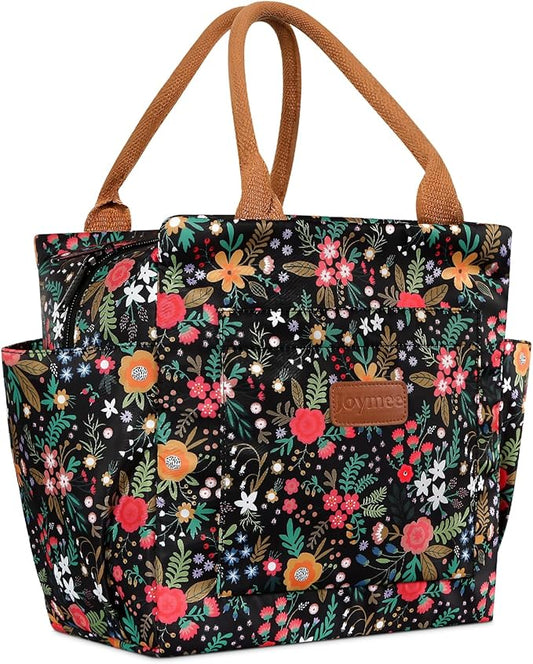 Joymee Lunch Bag Women Insulated Lunch Box Reusable Leakproof Large Spacious Cooler Tote for Womens Mens Adults with Bottle Holder and Side Pockets for Work Office Travel Picnic - Multi-Floral