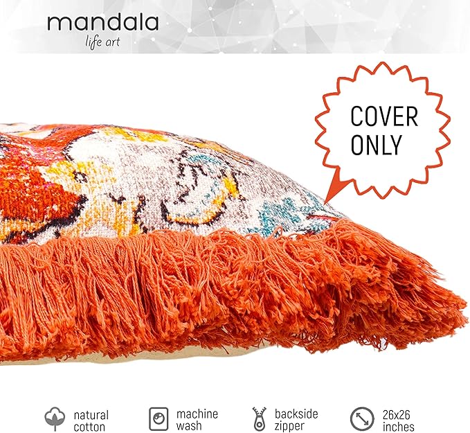 Mandala Life ART Square Meditation Cushion Cover with Fringes - 26 inches - Printed Orange Cotton Boho Chic Pillow Case